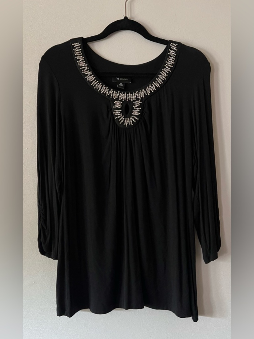 AB Studio Black Long-Sleeve Top with Jeweled Scoop Neck
